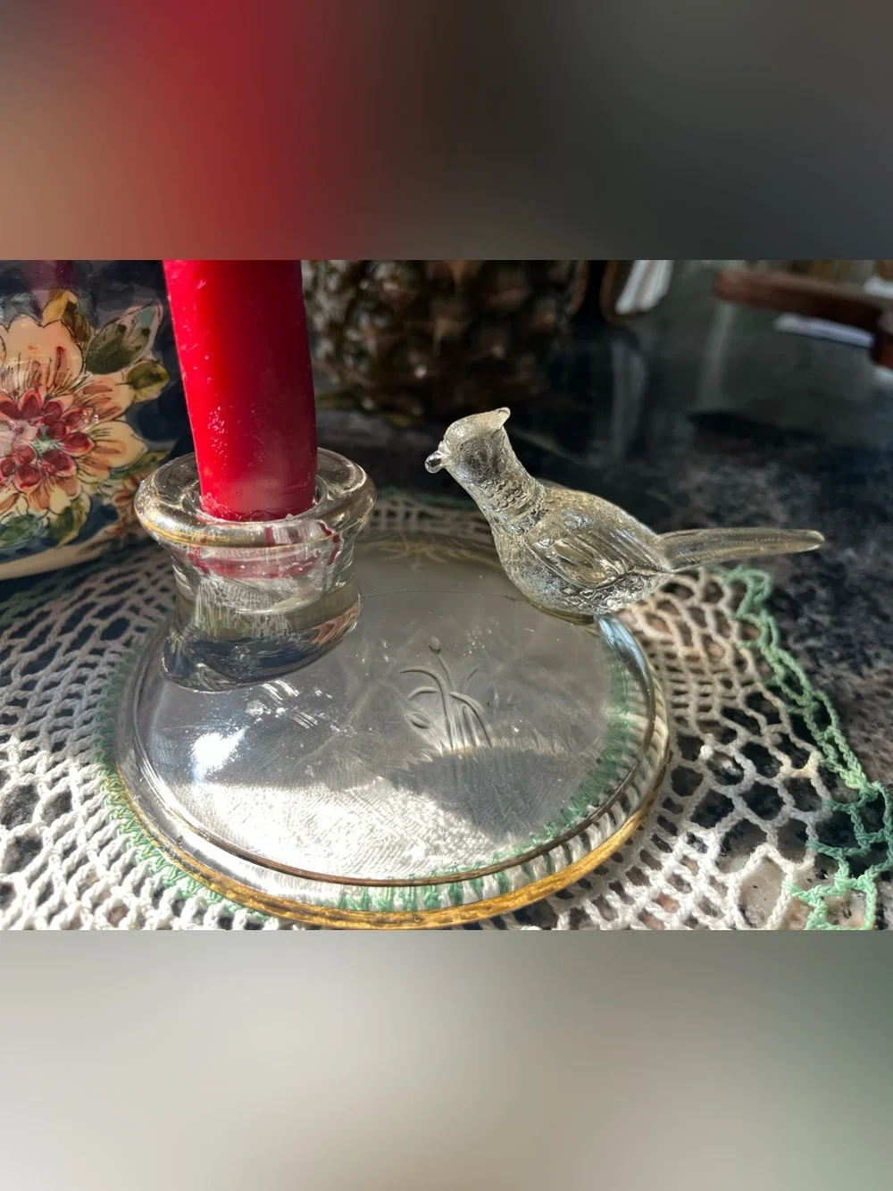 Vintage Glass pheasant Candle Holder - Clear Glass Accent with gold rims